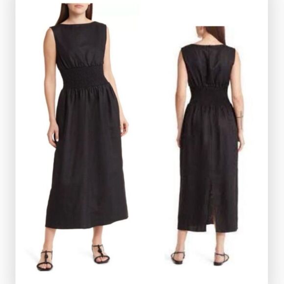 NWT REFORMATION Davie Smocked Waist Linen Dress in Black 2 $248 - Picture 1 of 10